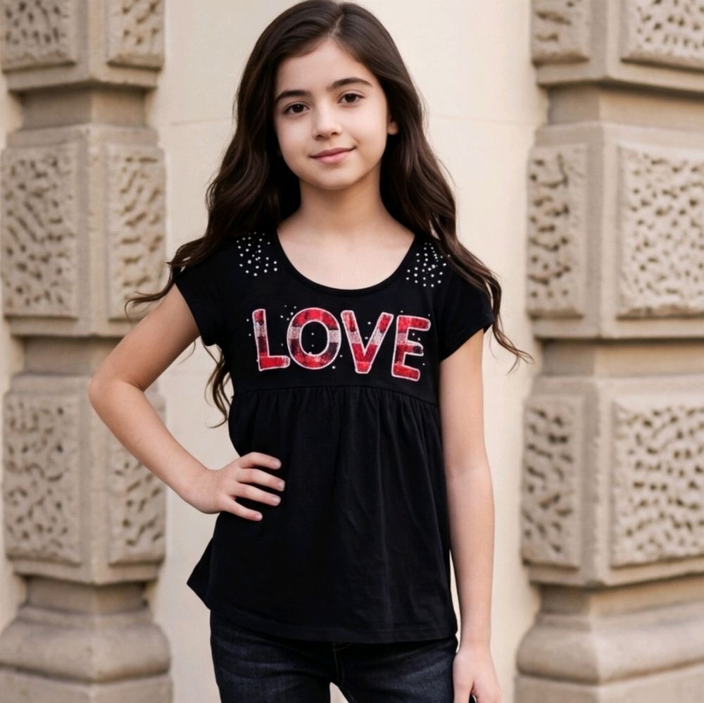 Justice Girls LOVE Plaid Glitter Rhinestone Stud Tunic Tee Black Size 10 Medium